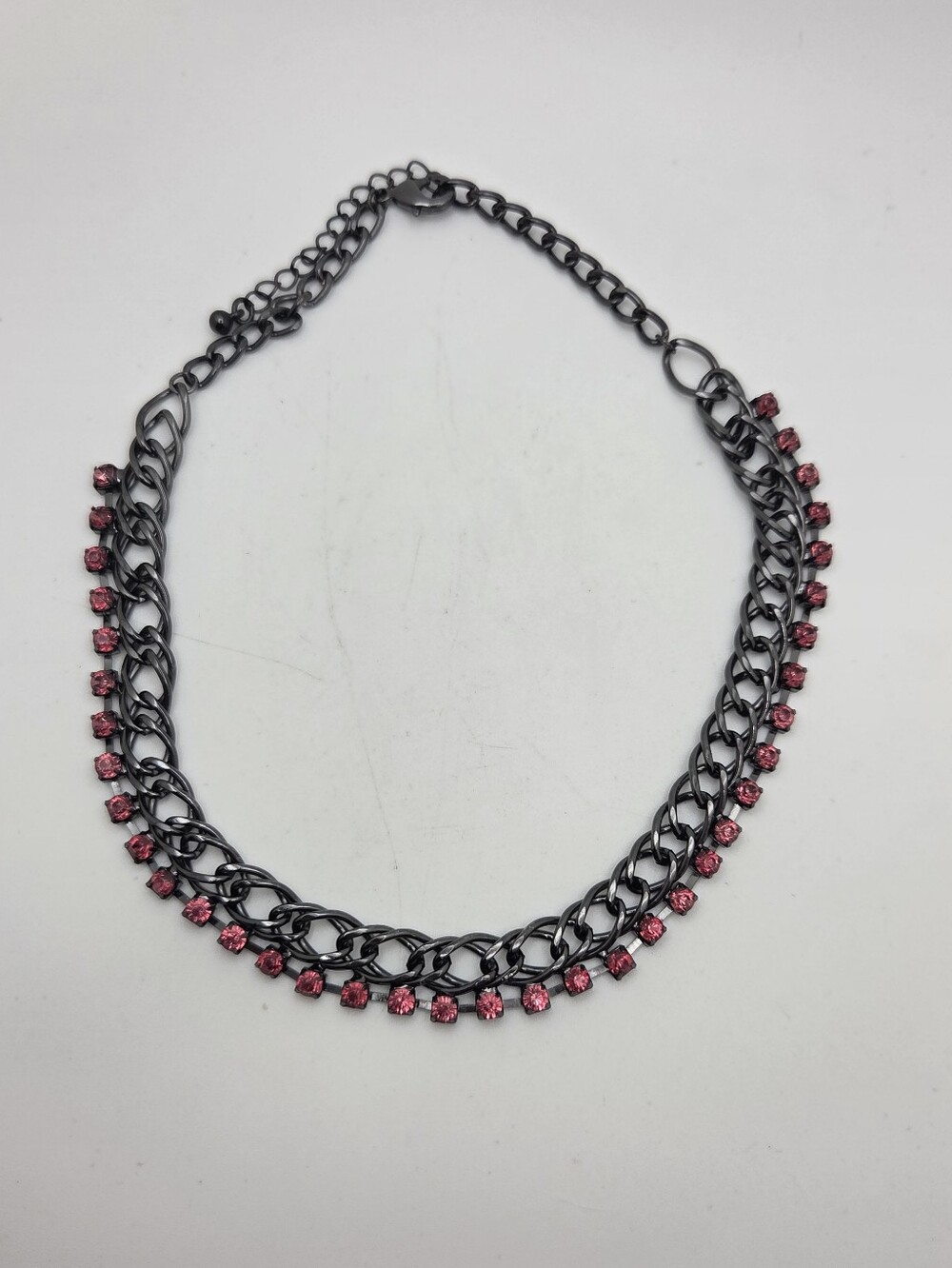 Gunmetal Chain & Hot Pink Rhinestone Choker Necklace Edgy Goth Glam Y2k